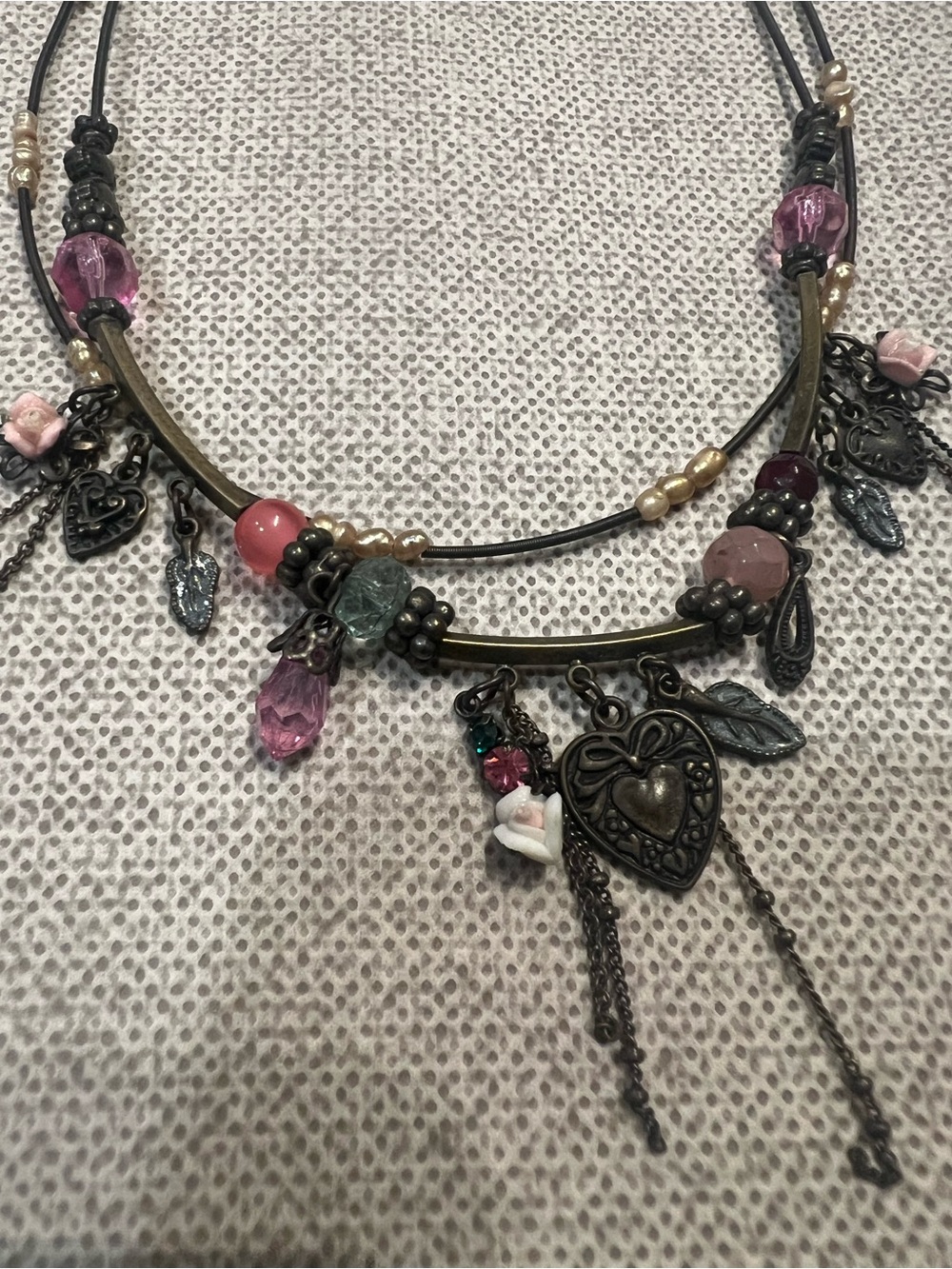 Y2K American Eagle Boho Multi-Strand Pink Bead Heart Pendant Necklace
